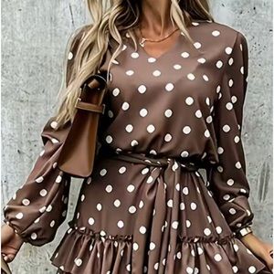 Brown Poka Dot Long Sleeve Short Flowy Dress, Women’s Size Small